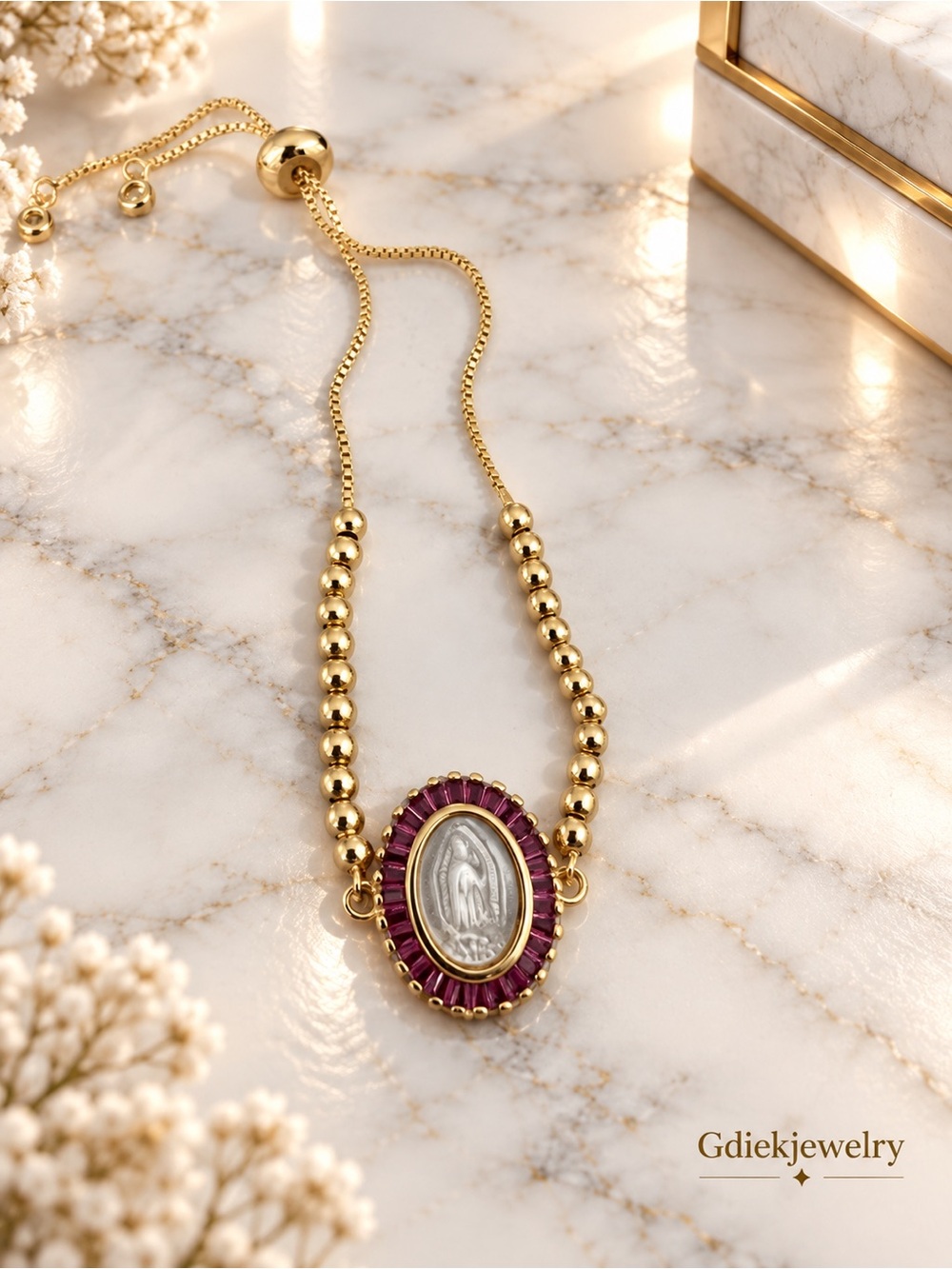 Gold Filled  Bead Bracelet with Pink Gemmed Medallion